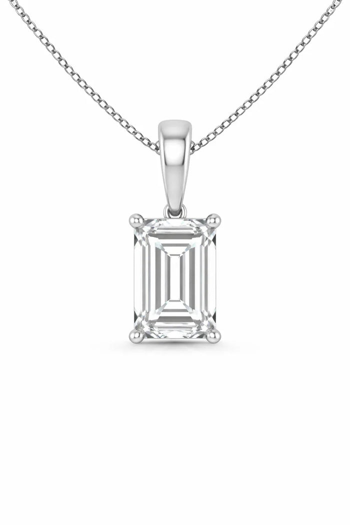 Emerald Solitaire Pendant with Attached Chain - 14K White Gold & 14K Yellow Gold — 1.00 to 5.00 CTW - The Lab Jewelry