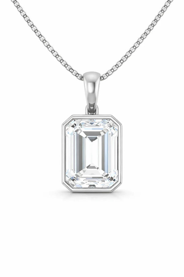 Emerald Bezel Solitaire Pendant with Attached Chain - 14K White Gold & 14K Yellow Gold — 1.00 to 5.00 CTW - The Lab Jewelry