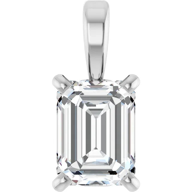 Emerald Solitaire Pendant with Attached Chain - 14K White Gold & 14K Yellow Gold — 1.00 to 5.00 CTW - The Lab Jewelry