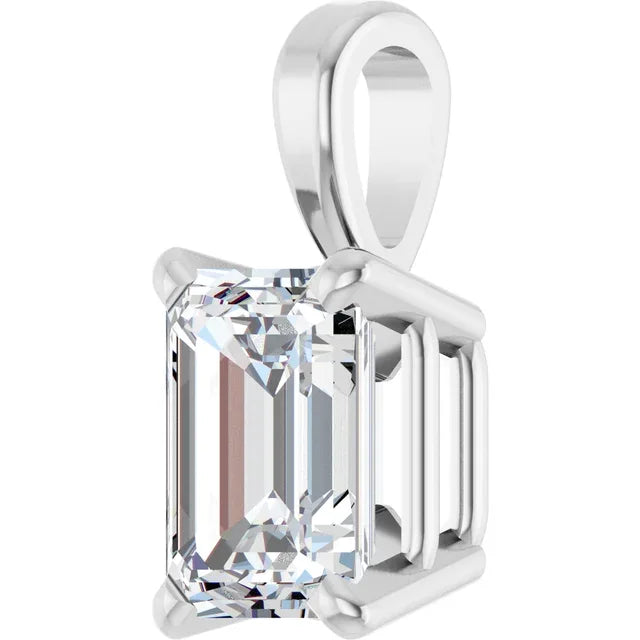 Emerald Solitaire Pendant with Attached Chain - 14K White Gold & 14K Yellow Gold — 1.00 to 5.00 CTW - The Lab Jewelry