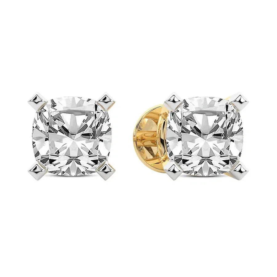 Cushion Classic Stud Earrings (IGI Certified) - 14K White Gold & 14K Yellow Gold — 1.00 to 6.00 CTW - The Lab Jewelry