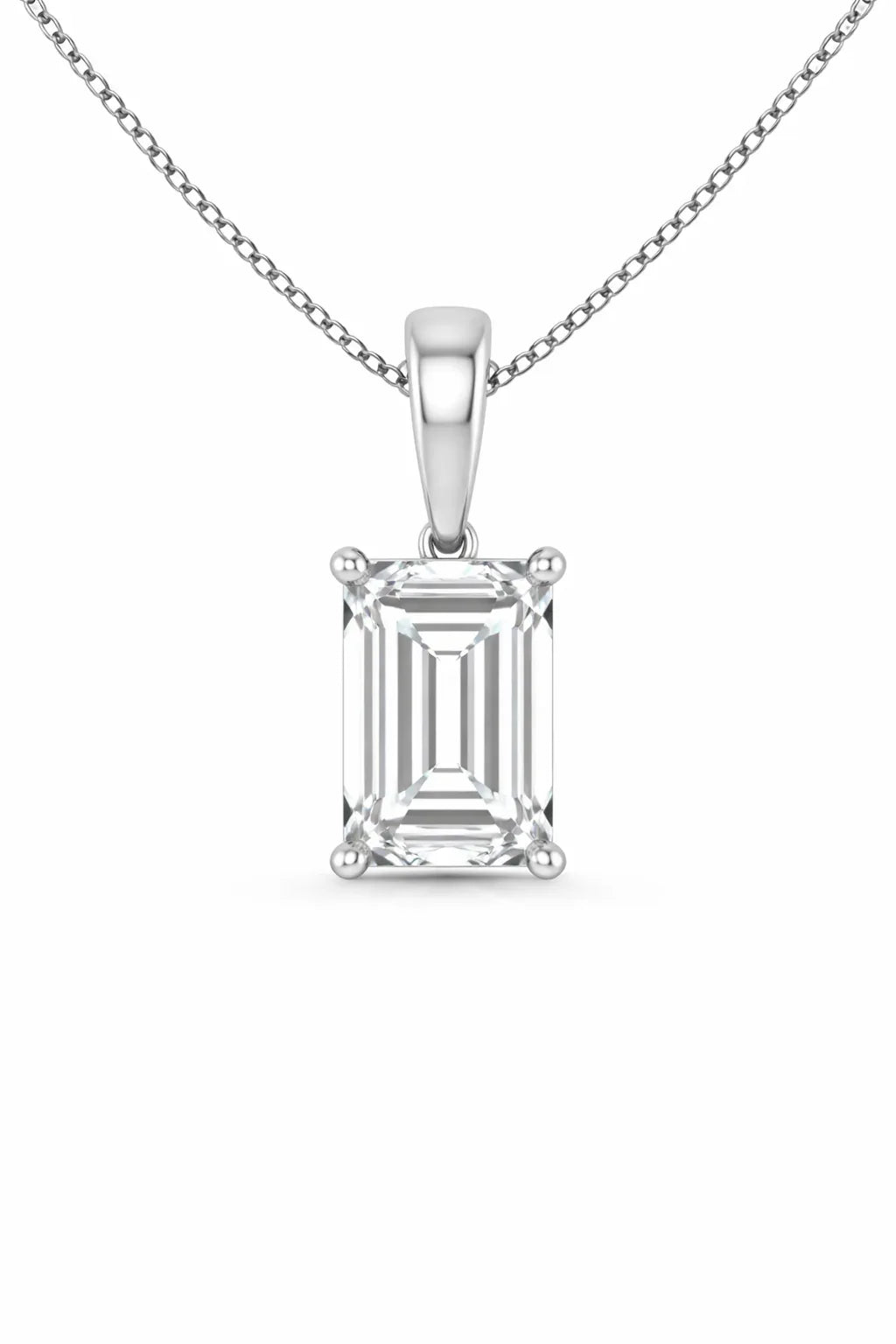 Emerald Solitaire Pendant with Attached Chain - 14K White Gold & 14K Yellow Gold — 1.00 to 5.00 CTW - The Lab Jewelry