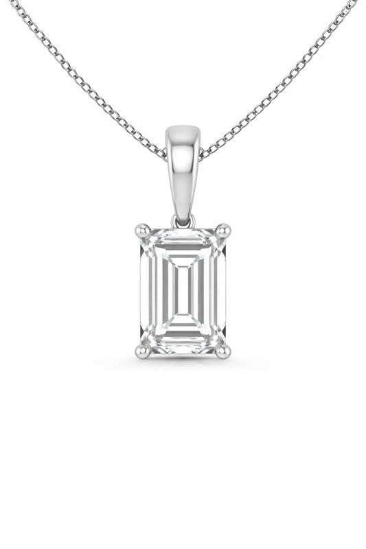 Emerald Solitaire Pendant with Attached Chain - 14K White Gold & 14K Yellow Gold — 1.00 to 5.00 CTW - The Lab Jewelry