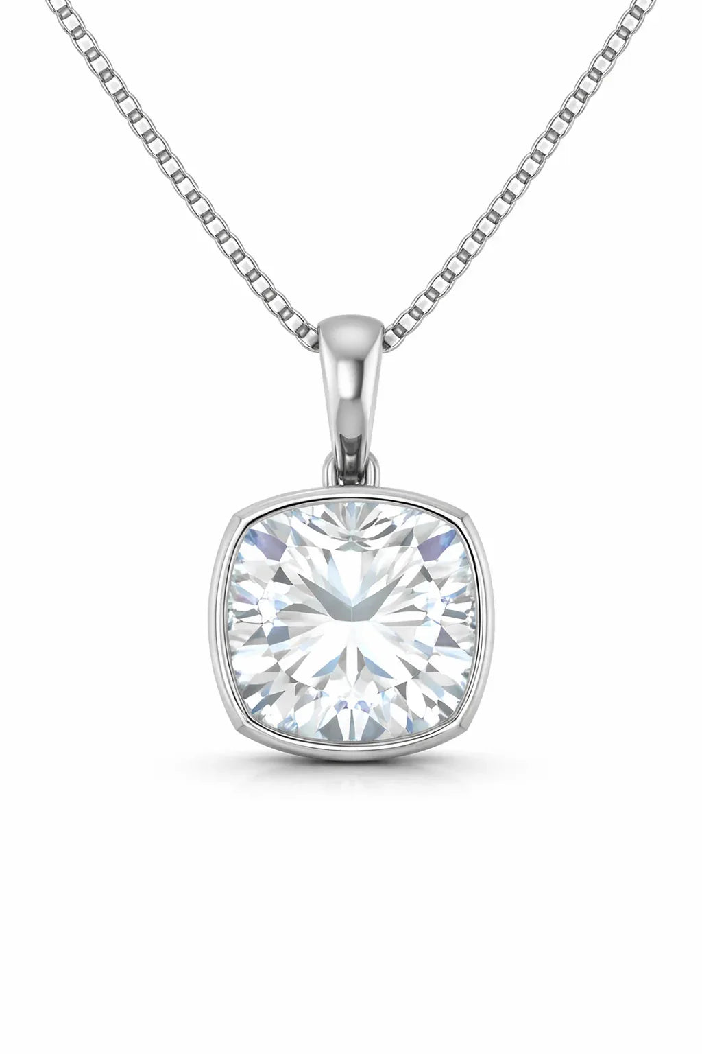 Cushion Bezel Solitaire Pendant with Attached Chain - 14K White Gold & 14K Yellow Gold — 1.00 to 5.00 CTW - The Lab Jewelry