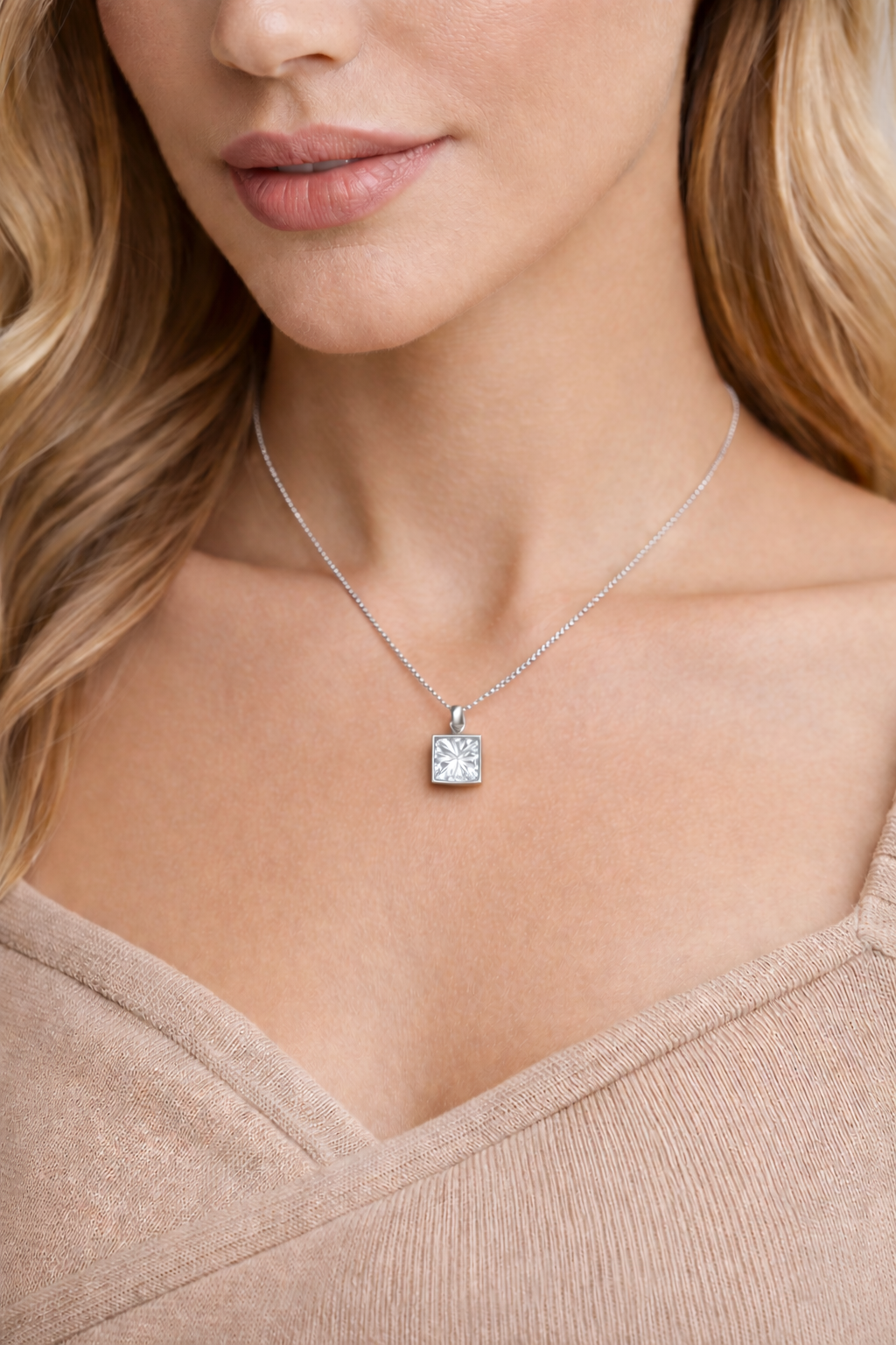 Princess Bezel Solitaire Pendant Pendant with Attached Chain