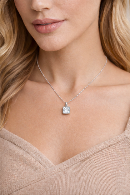Princess Bezel Solitaire Pendant Pendant with Attached Chain