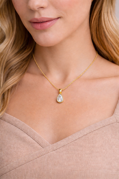 Pear Bezel Solitaire Pendant Pendant with Attached Chain