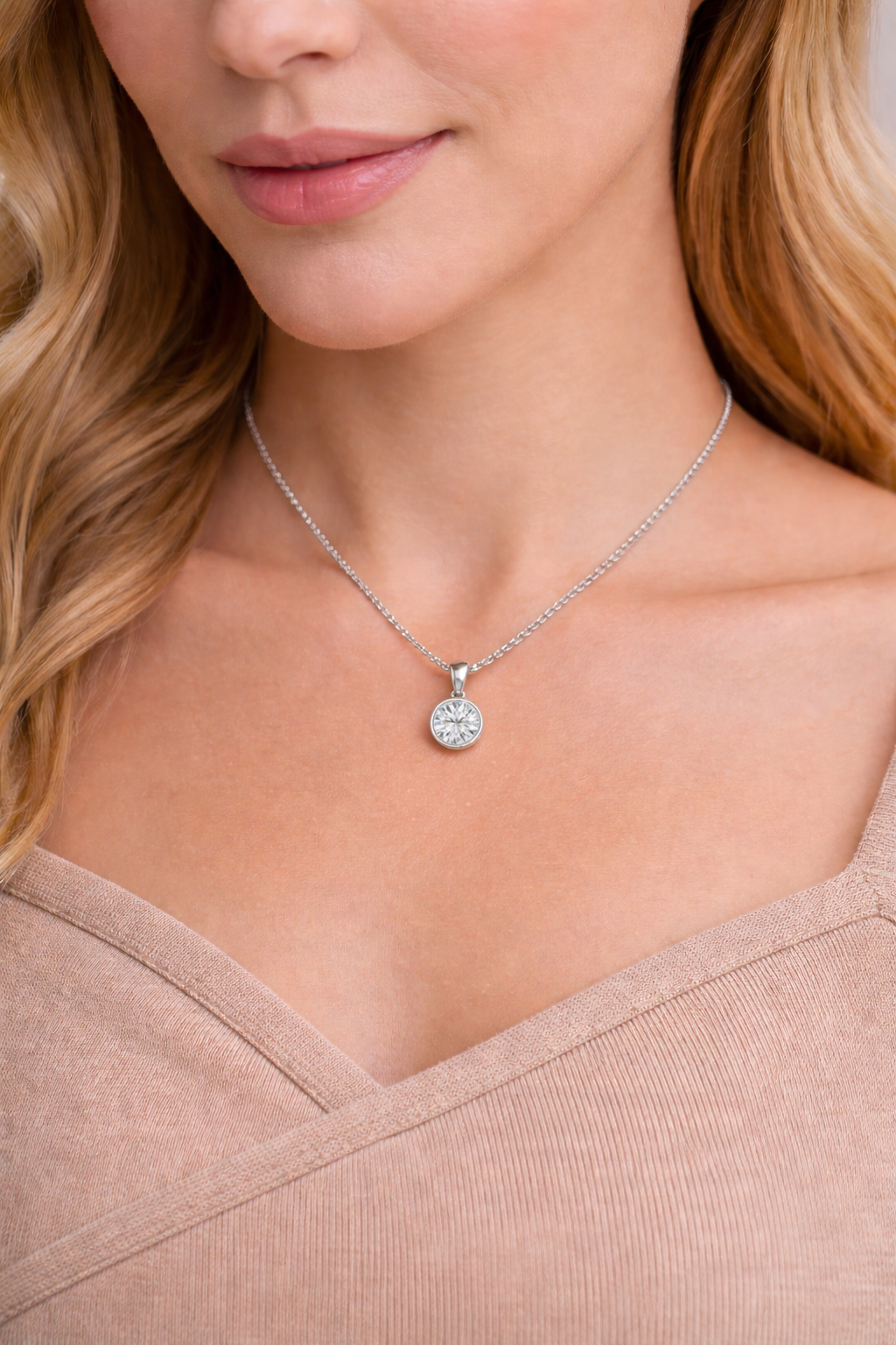 Round Bezel Solitaire Pendant Pendant with Attached Chain